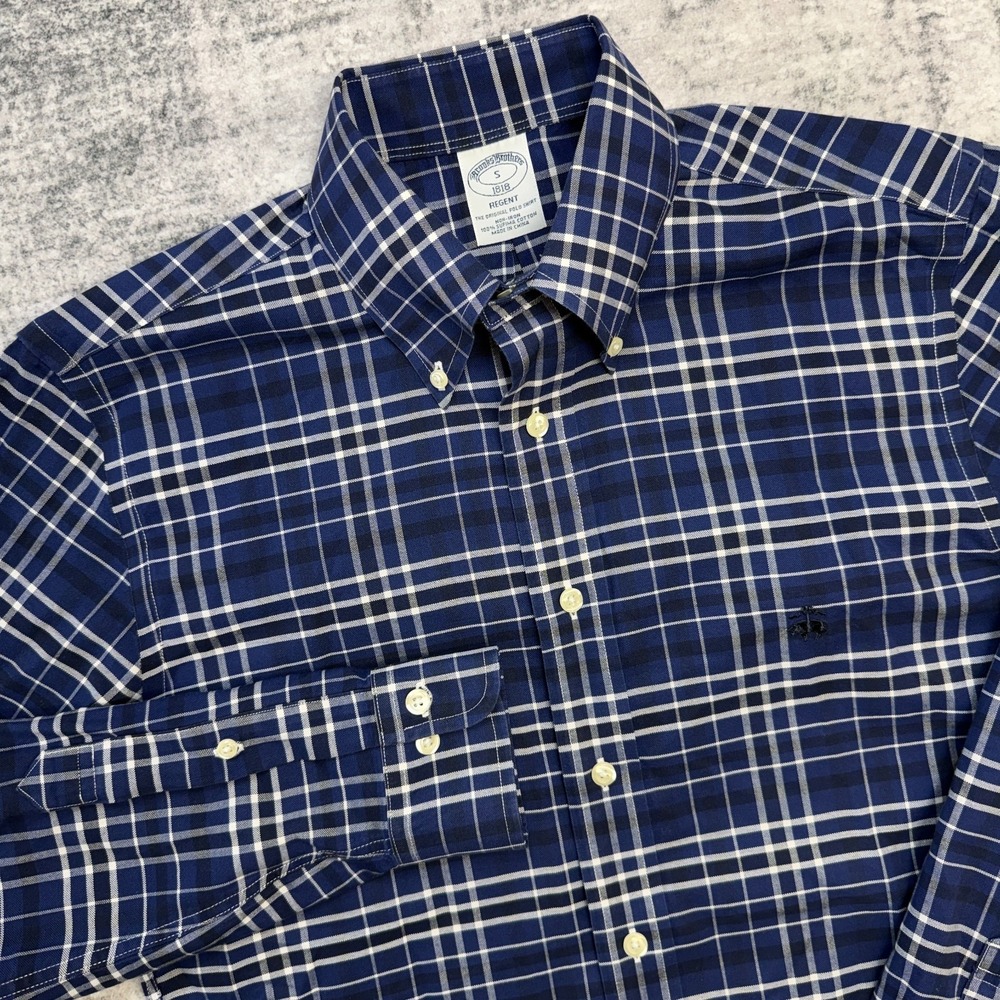 Brooks Brothers Shirt Mens Small Navy Blue Plaid Regent Oxford‎ Cotton OCBD Ivy